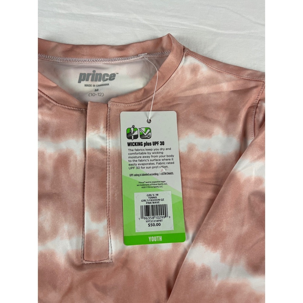 Prince Girls Tennis Top Long Sleeve Pink White Tie Dye UPF 30 Youth‎ M